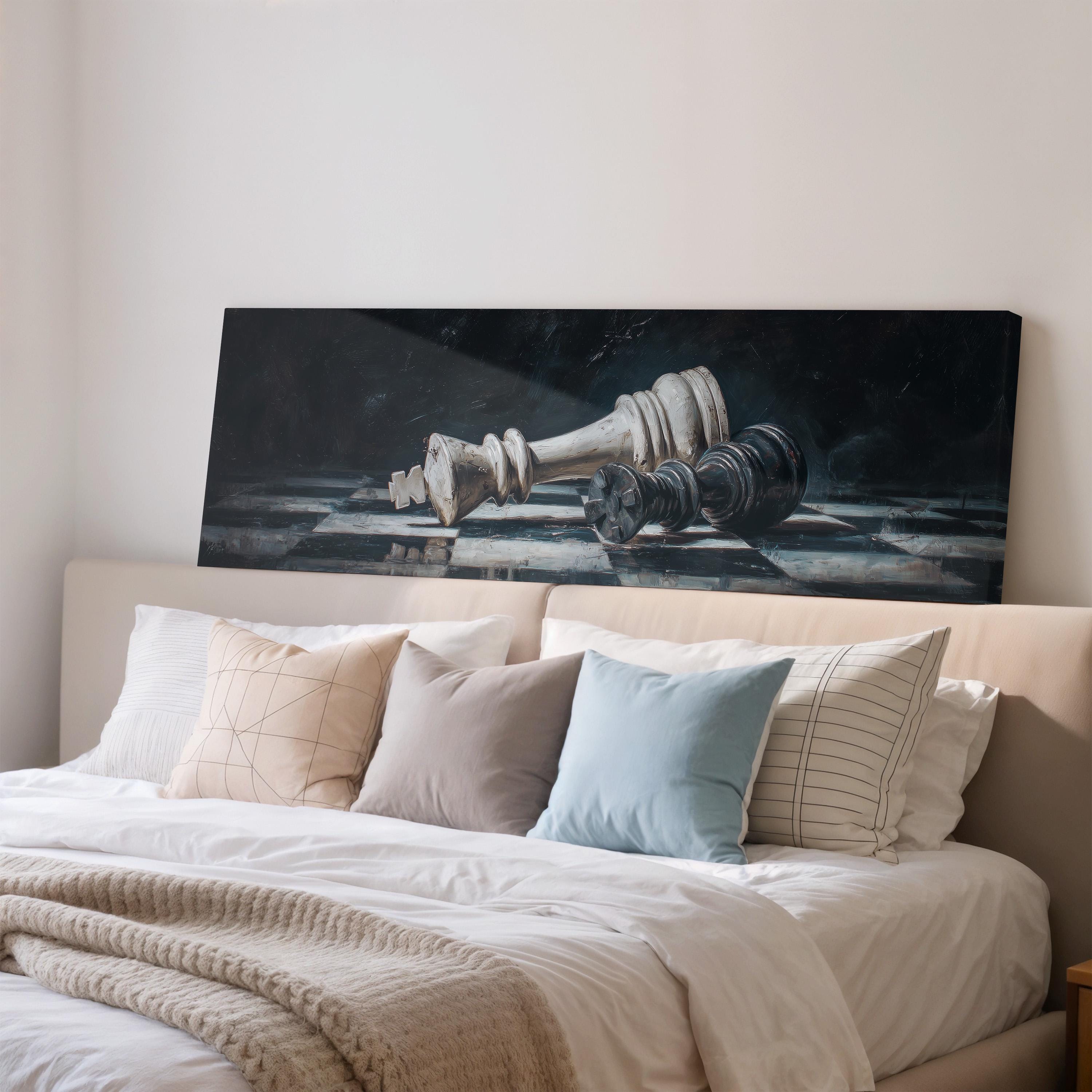 a large painting of a chess king resting on a bed, with a white headboard and a cozy bedding arrangement.