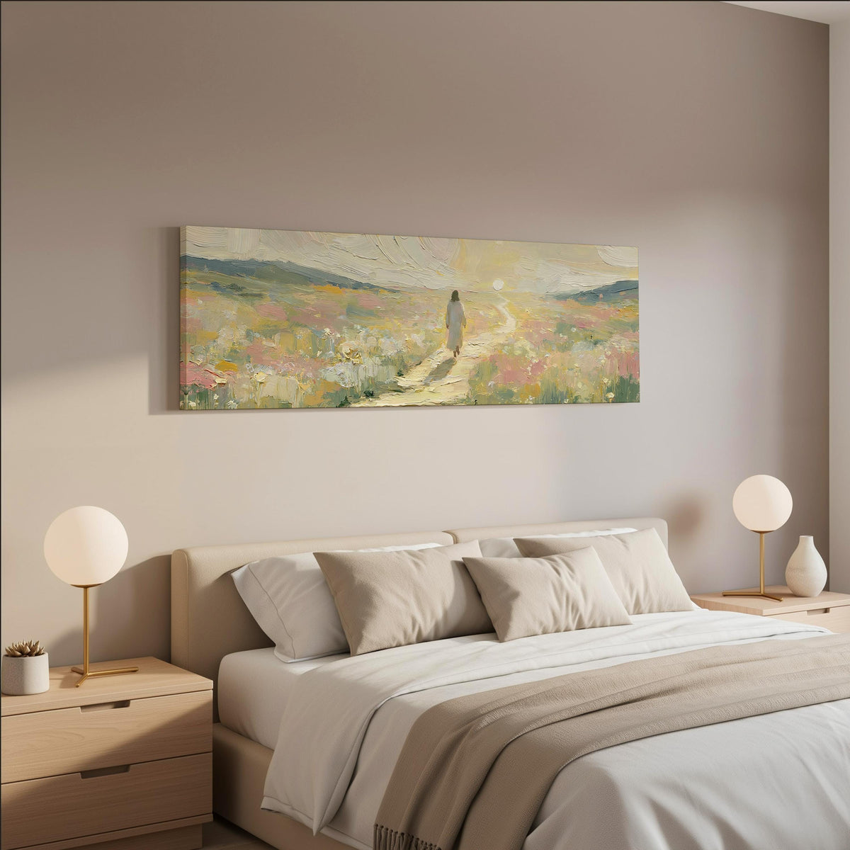 Jesus walking a pastel meadow path wide panoramic canvas print above a bed in a neutral bedroom