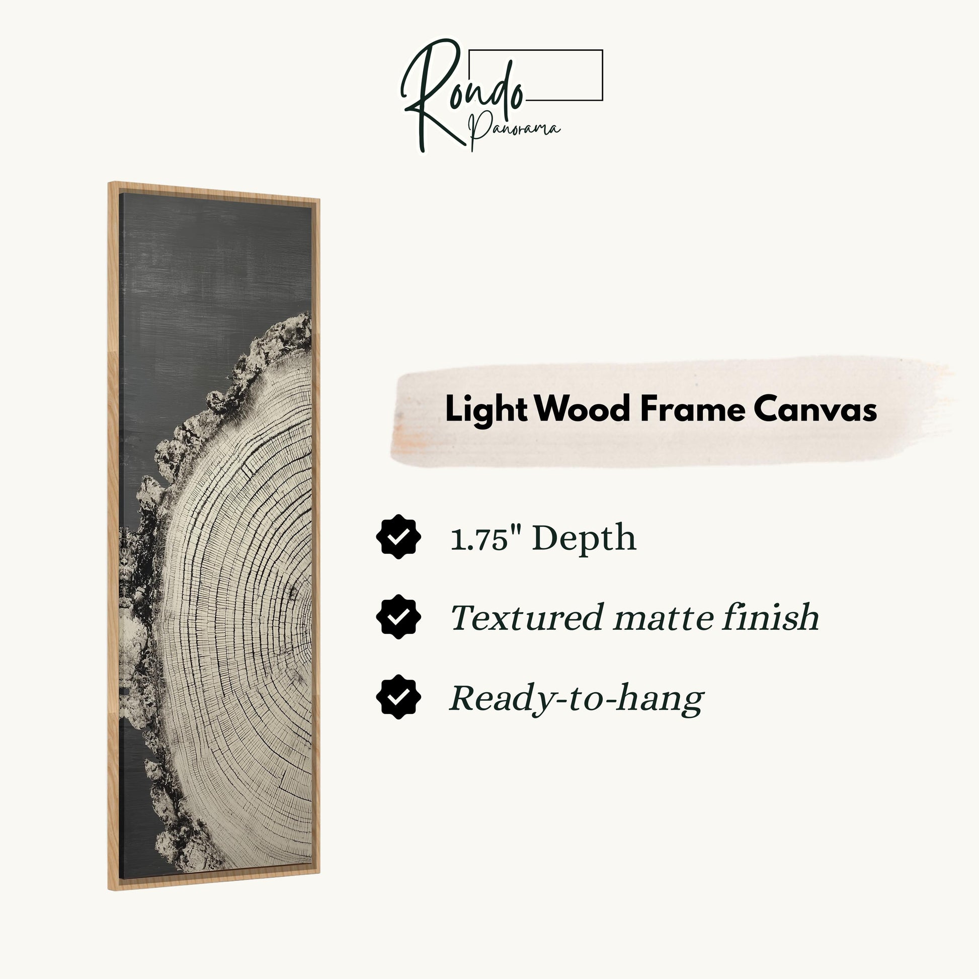 The image is a product description for a light wood frame canvas. It features a close-up of a tree trunk with a textured finish and a 1.75" depth. The canvas is ready to hang and has a textured matte finish.