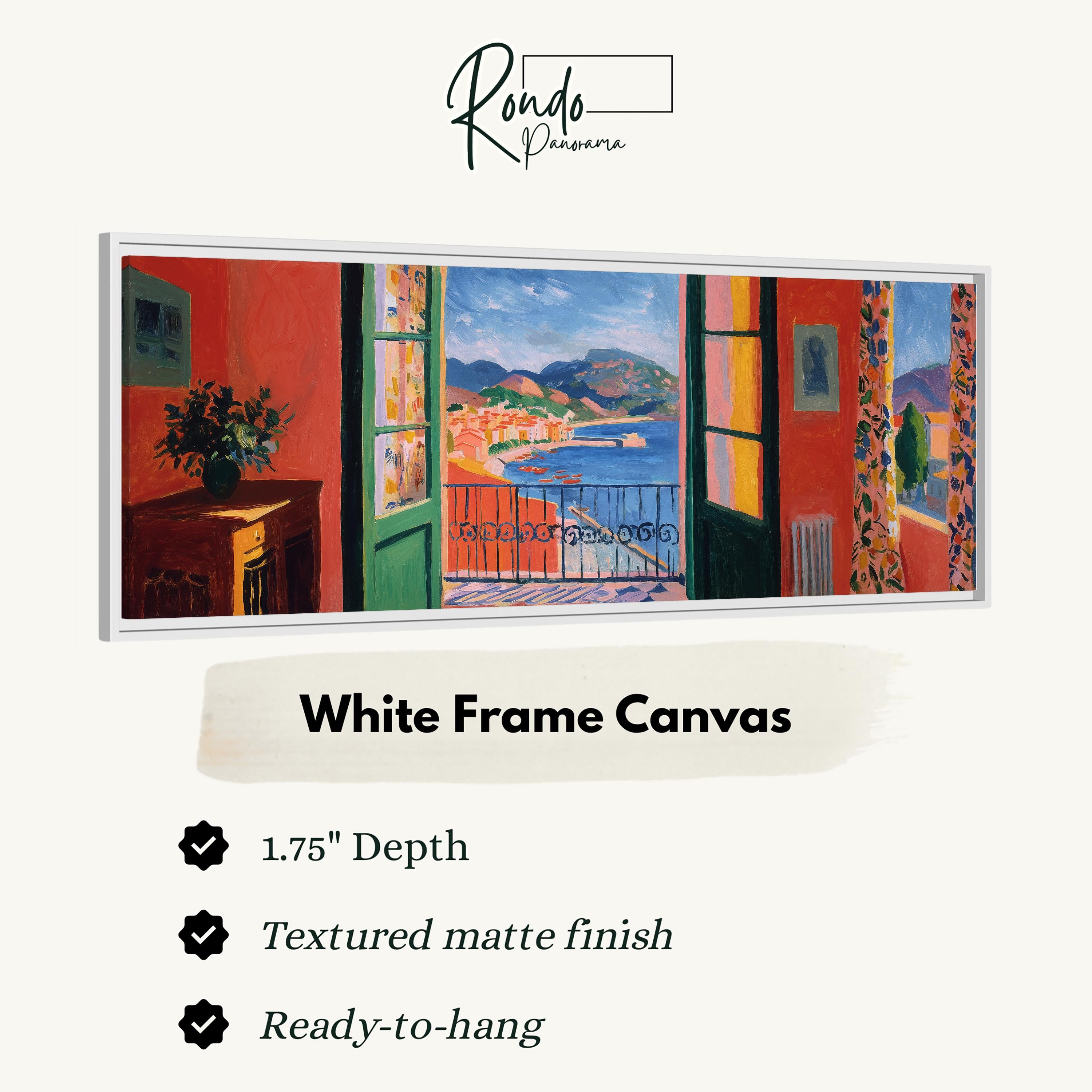 The image is a white frame canvas depicting a colorful painting of a coastal town with a view of the sea through a window.