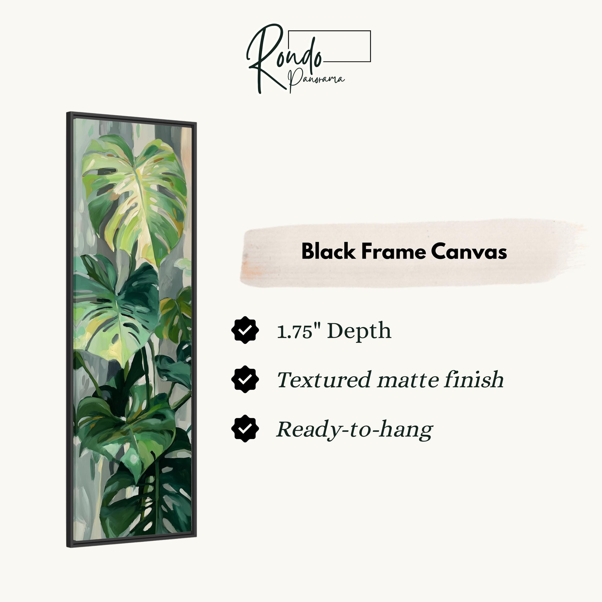The image is a black frame canvas featuring a painting of a large green leaf with a textured finish.