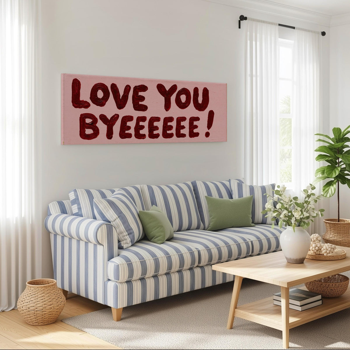 Love you byeeeee retro quote long horizontal canvas print above a striped sofa in a coastal living room