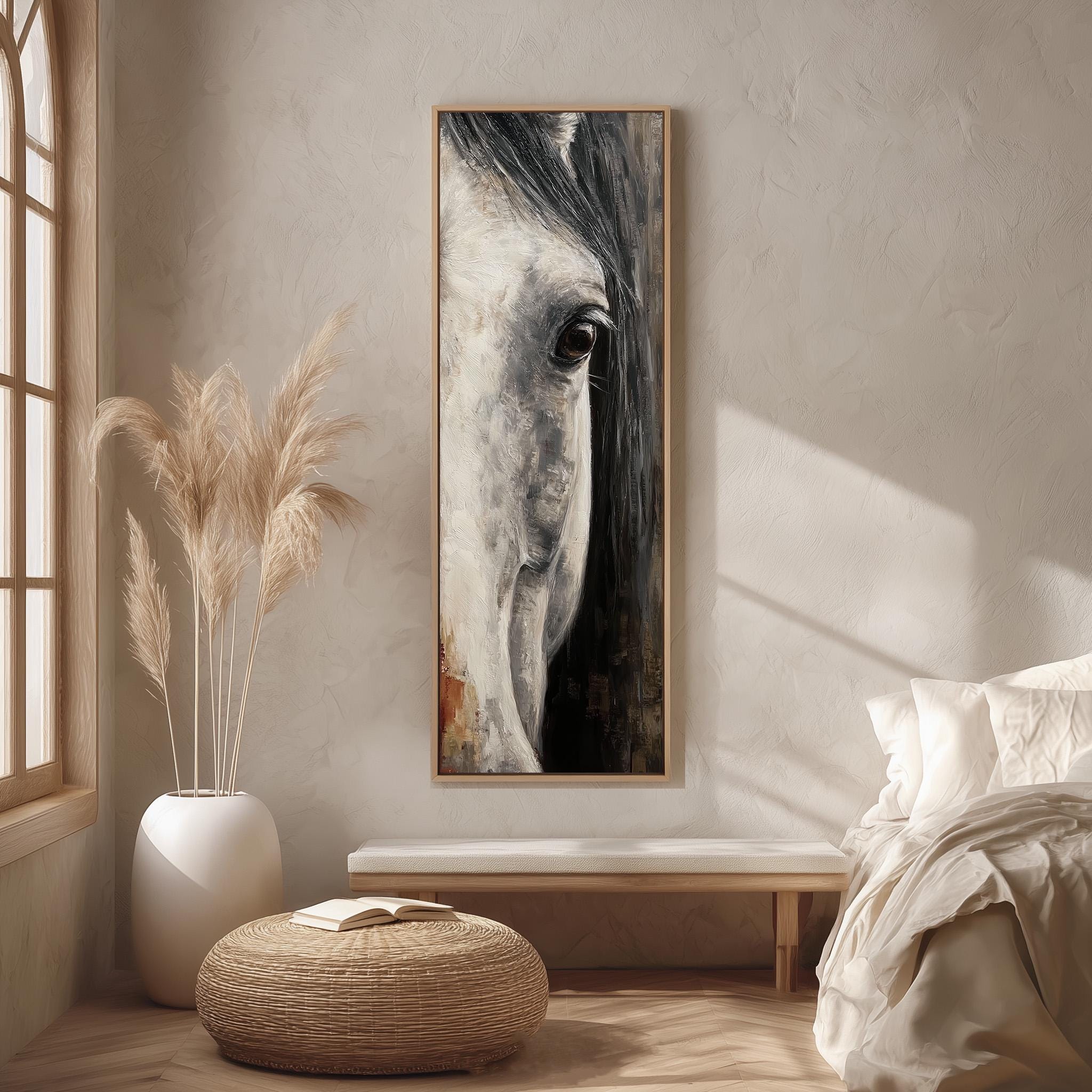 a large painting of a horse's face hanging on a wall, with a window, a white vase with potted plants, and a bed with white bedding in the background.