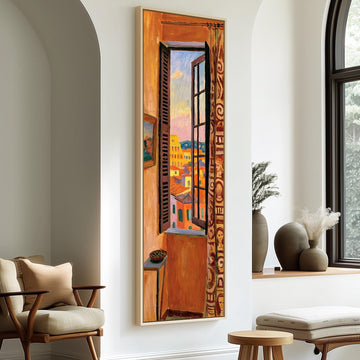 Rome's Colosseum through a tall orange room window long vertical canvas print in a sunlit living space
