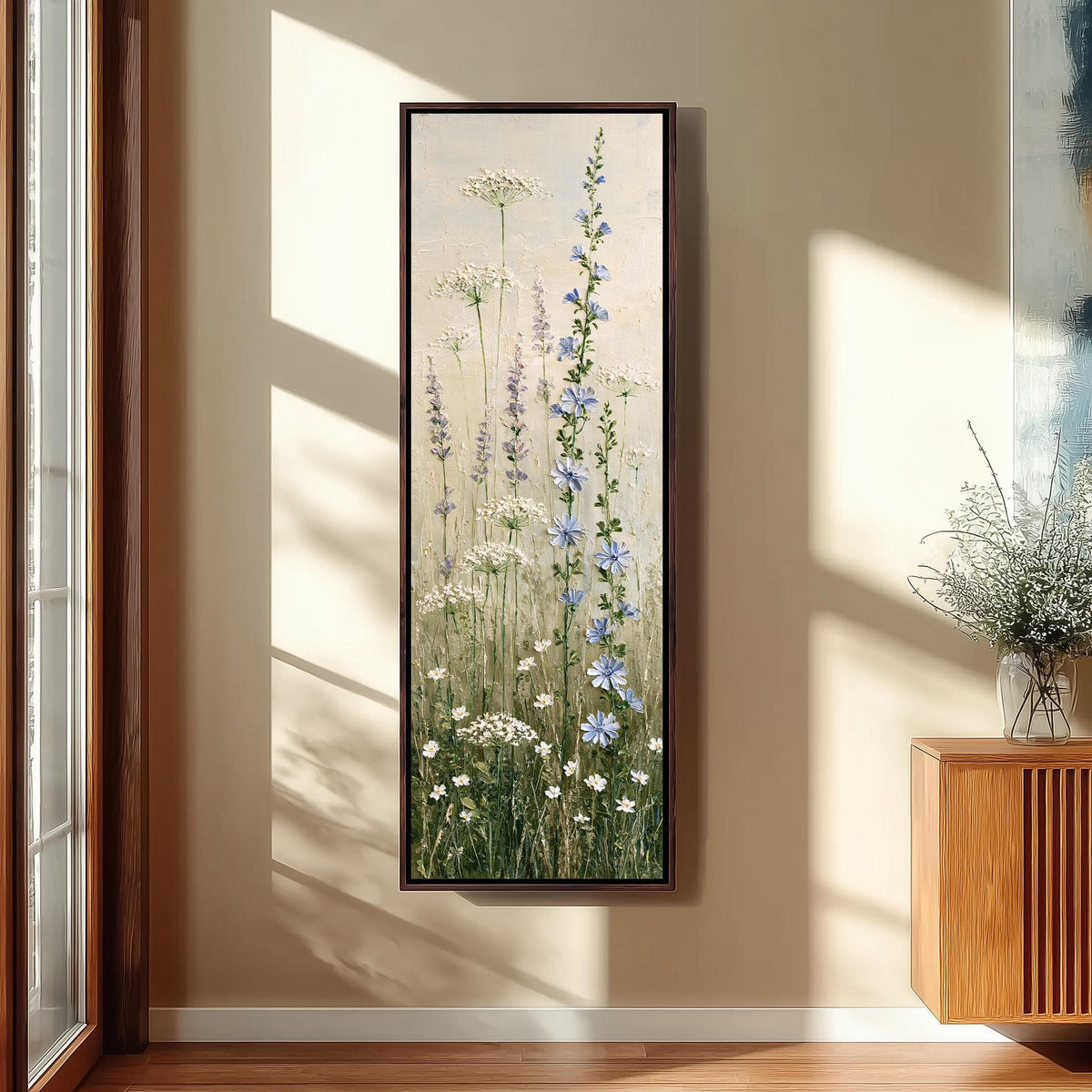Chicory, lavender and Queen Anne's lace wildflowers tall narrow canvas print beside a staircase in an entryway
