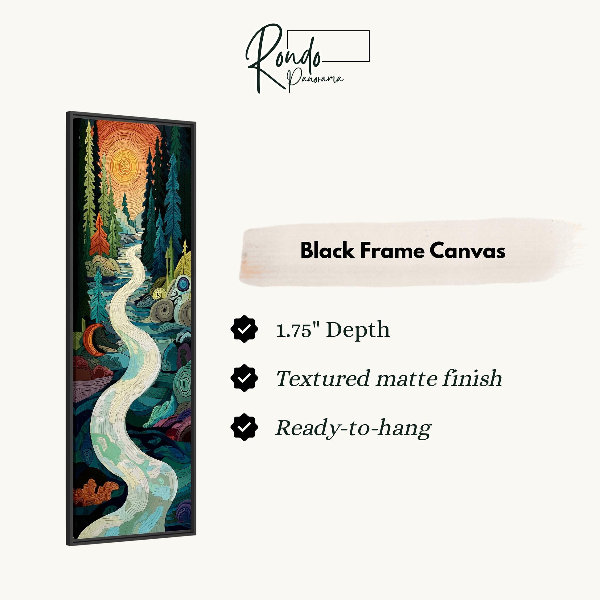 The image is a black frame canvas depicting a colorful, abstract landscape with a winding river and trees.