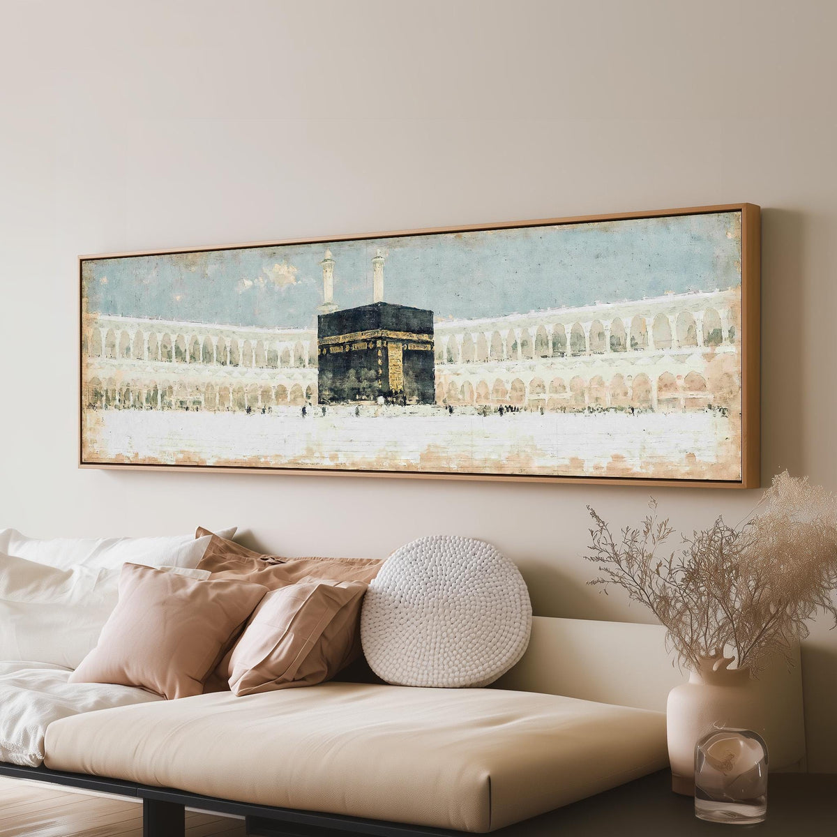 The Kaaba in the Grand Mosque courtyard long horizontal canvas print above a sofa in a living room