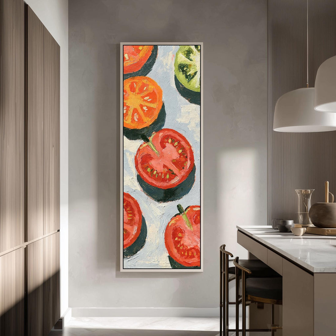 Sliced tomatoes long vertical canvas print in a sunlit living space