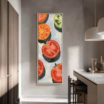 Sliced tomatoes long vertical canvas print in a sunlit living space