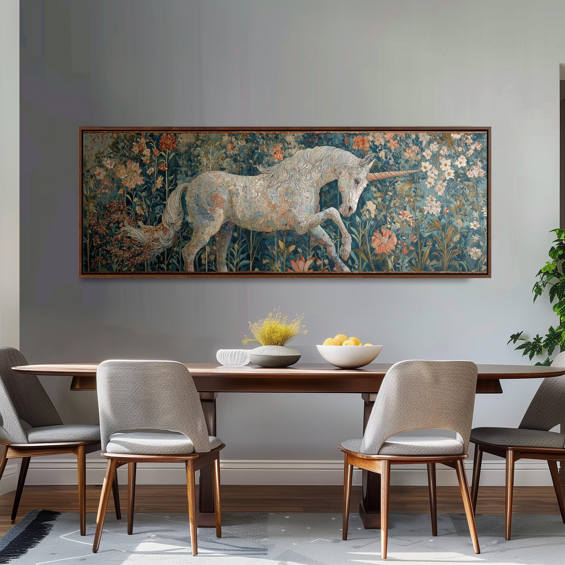 a large painting of a unicorn on the wall above a wooden dining table with four chairs.