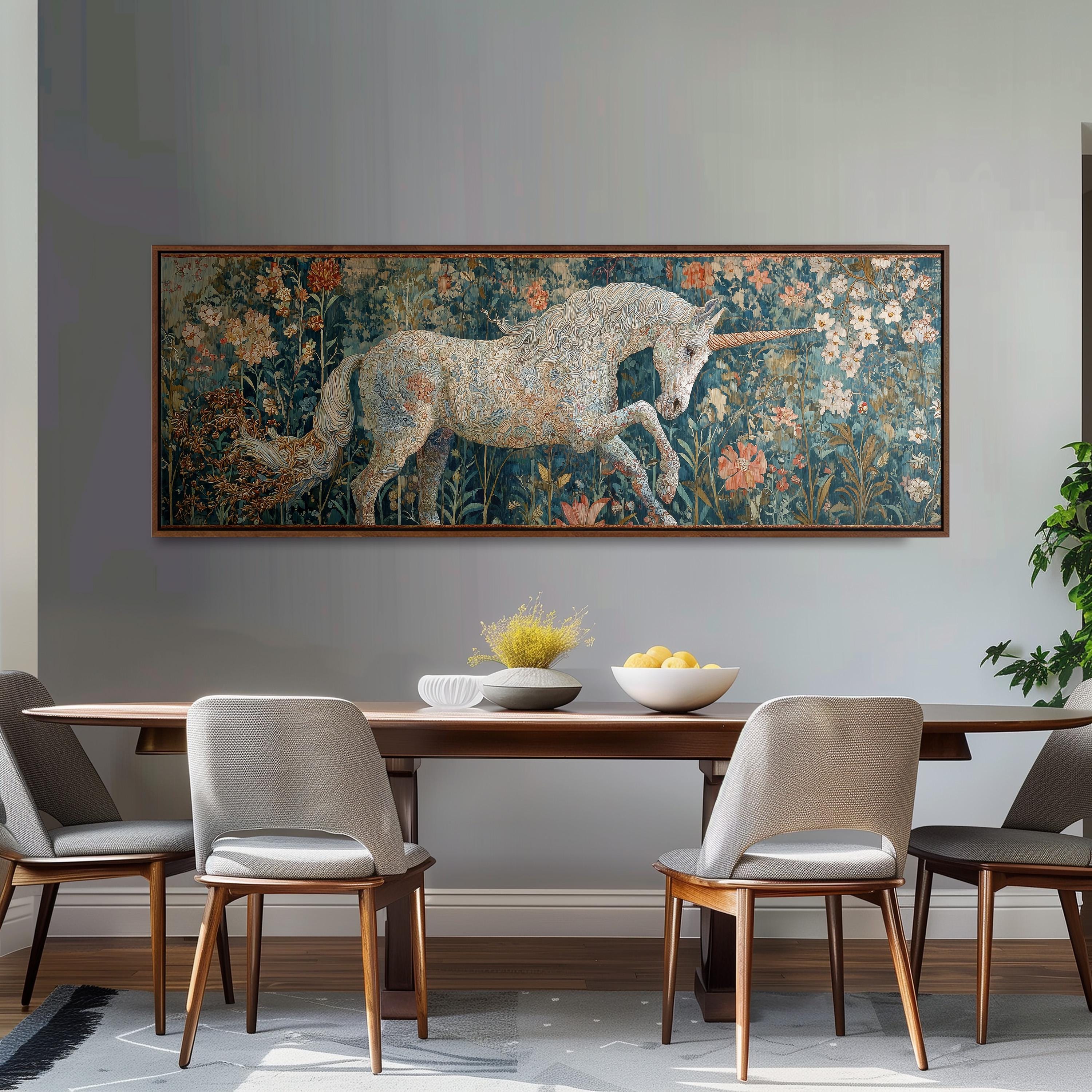 a large painting of a unicorn on the wall above a wooden dining table with four chairs.