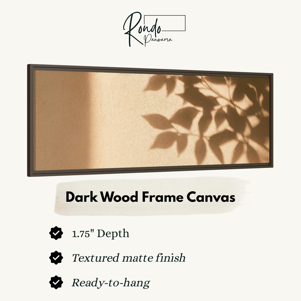 Leaf shadows on a golden plaster wall canvas print in a dark wood floating frame