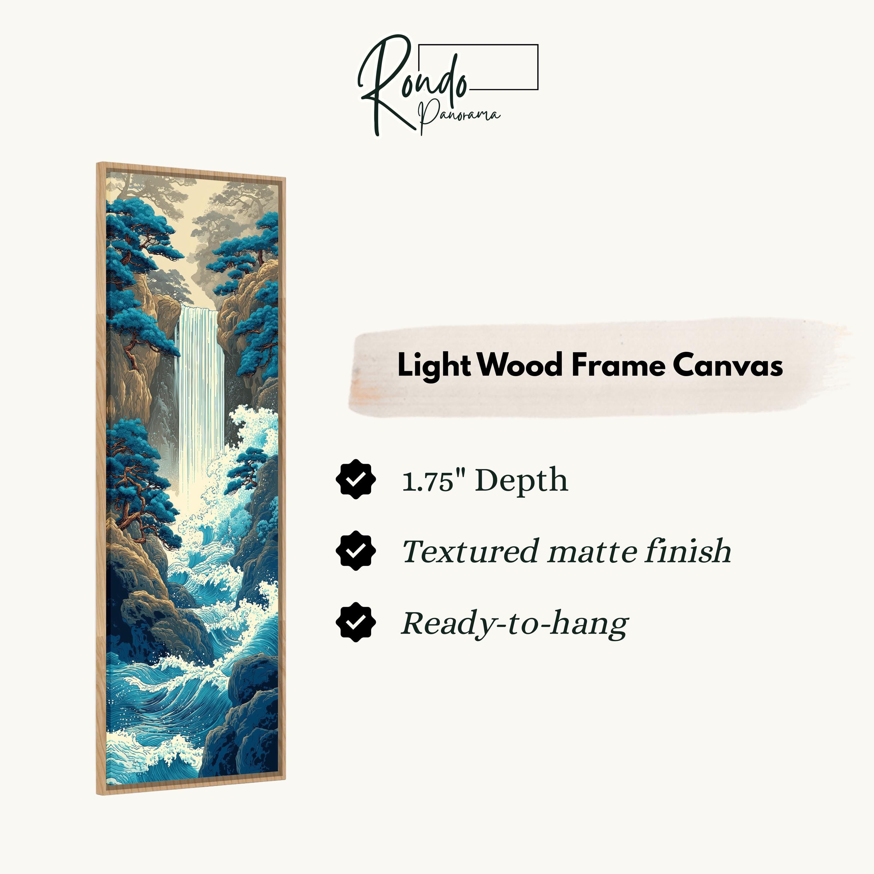 The image is a vertical text box containing information about a light wood frame canvas.