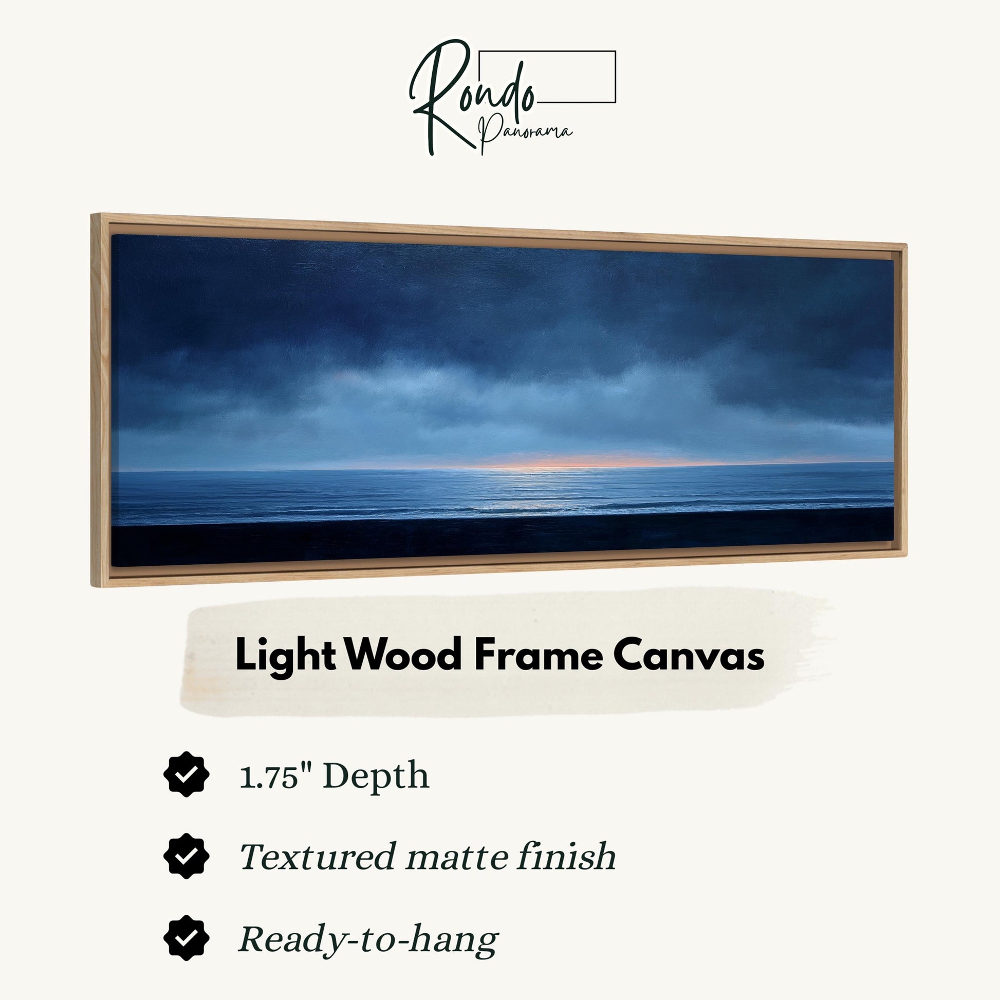 The image is a framed artwork depicting a serene landscape with a body of water and a cloudy sky.