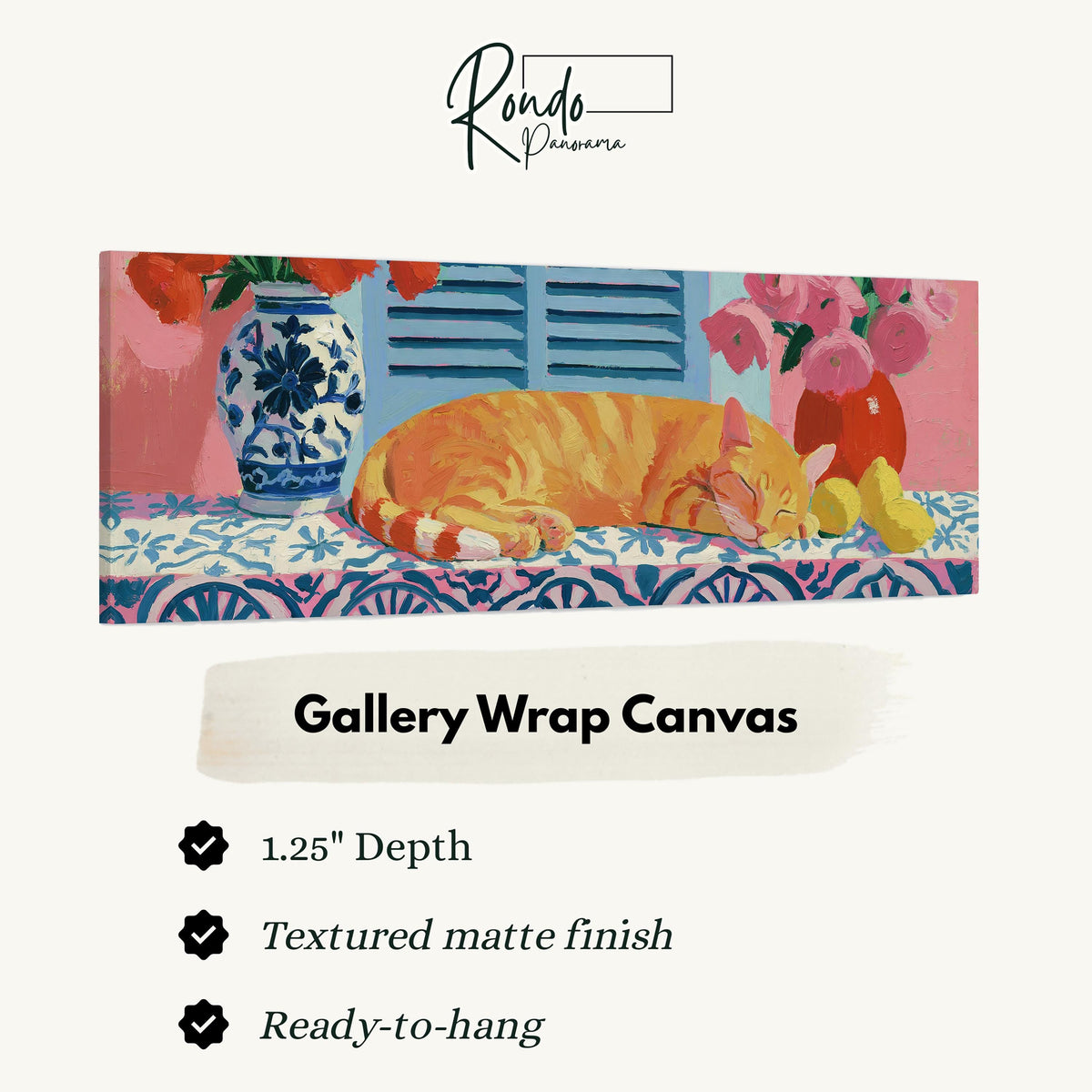 Orange cat napping on a tiled table gallery wrap canvas with the image wrapped around the edges