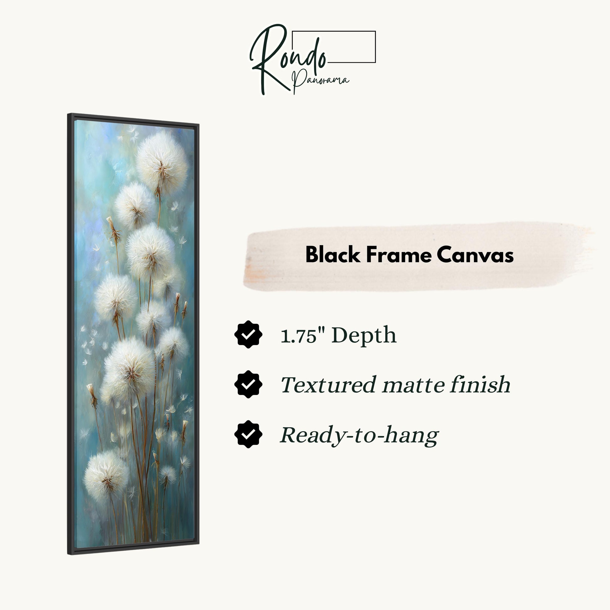 The image is a black frame canvas depicting a painting of dandelions.