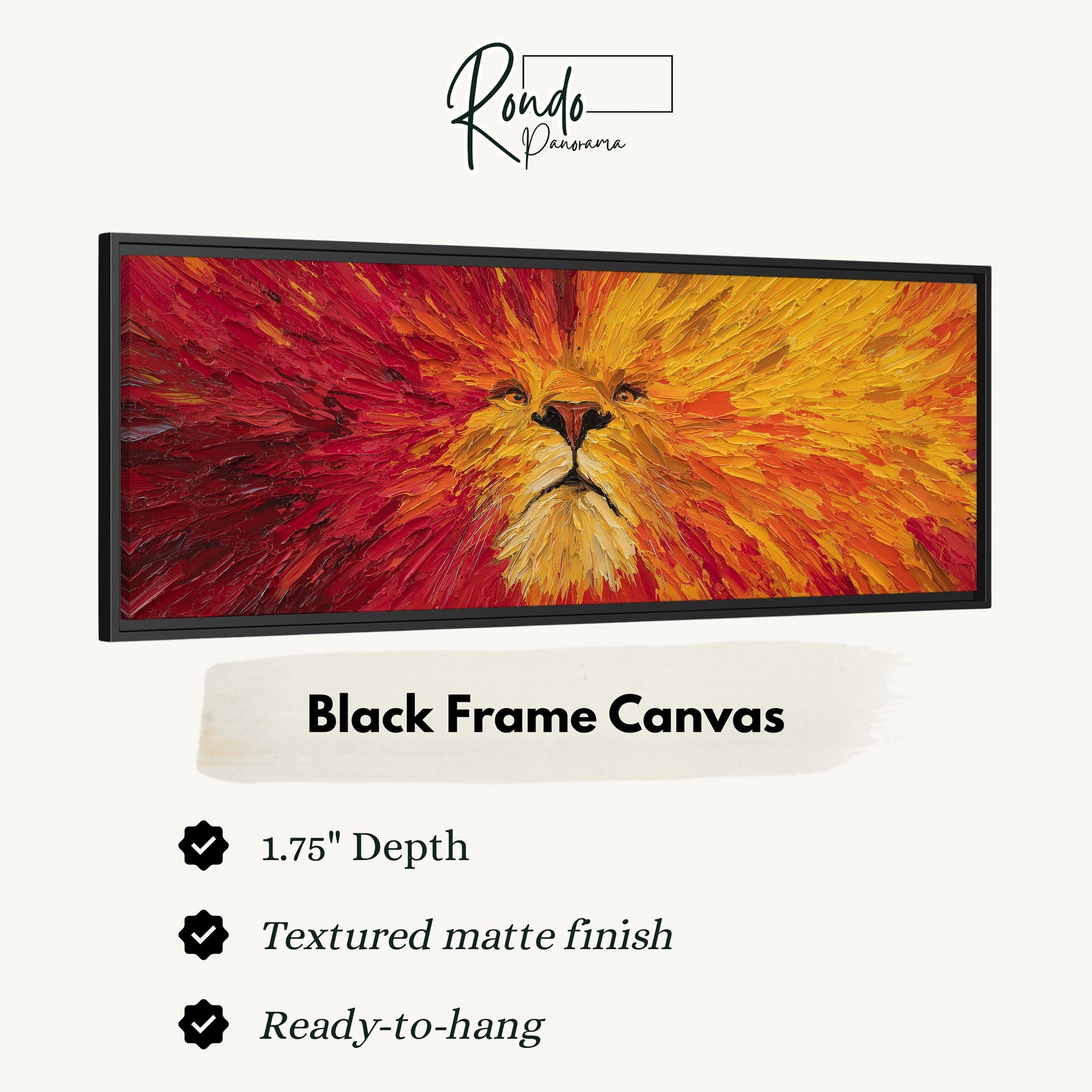 The image is a black frame canvas featuring a vibrant painting of a lion's face with a fiery red and orange background.