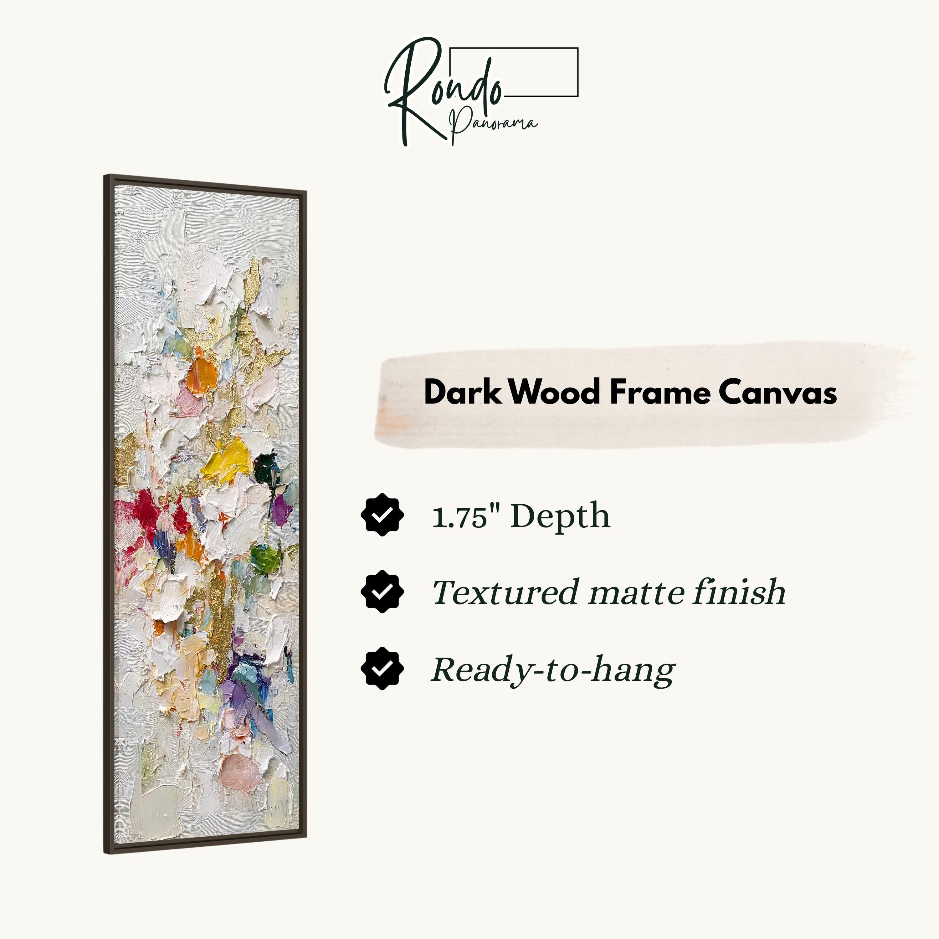 The image is a product advertisement for a dark wood frame canvas. It features a colorful abstract painting with a 1.75" depth and a textured matte finish. The canvas is ready to hang.