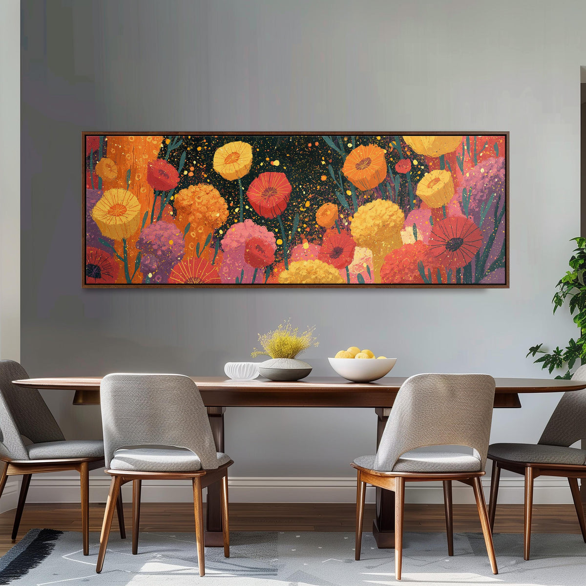 Confetti poppy field long horizontal canvas print above a dining table