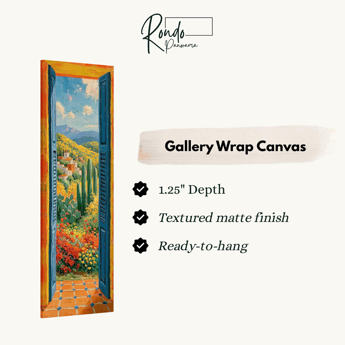 Open blue door onto a Mediterranean valley gallery wrap canvas with the image wrapped around the edges