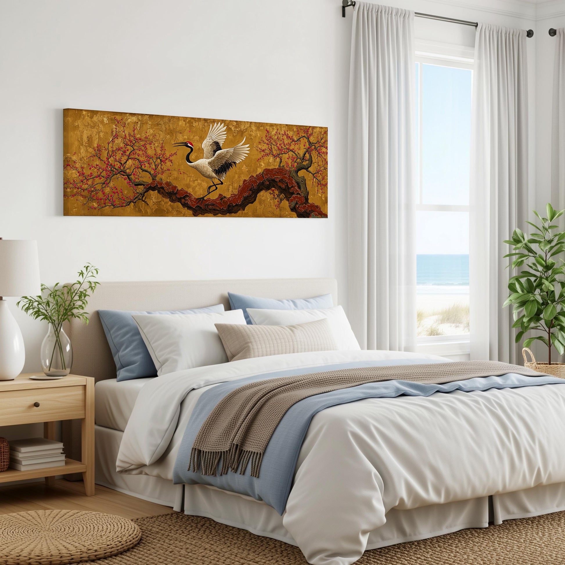 a serene bedroom with a large bed, a nightstand, and a painting of a crane on the wall. The room has a calming and peaceful atmosphere, with natural light coming in through the window and a view of the ocean.