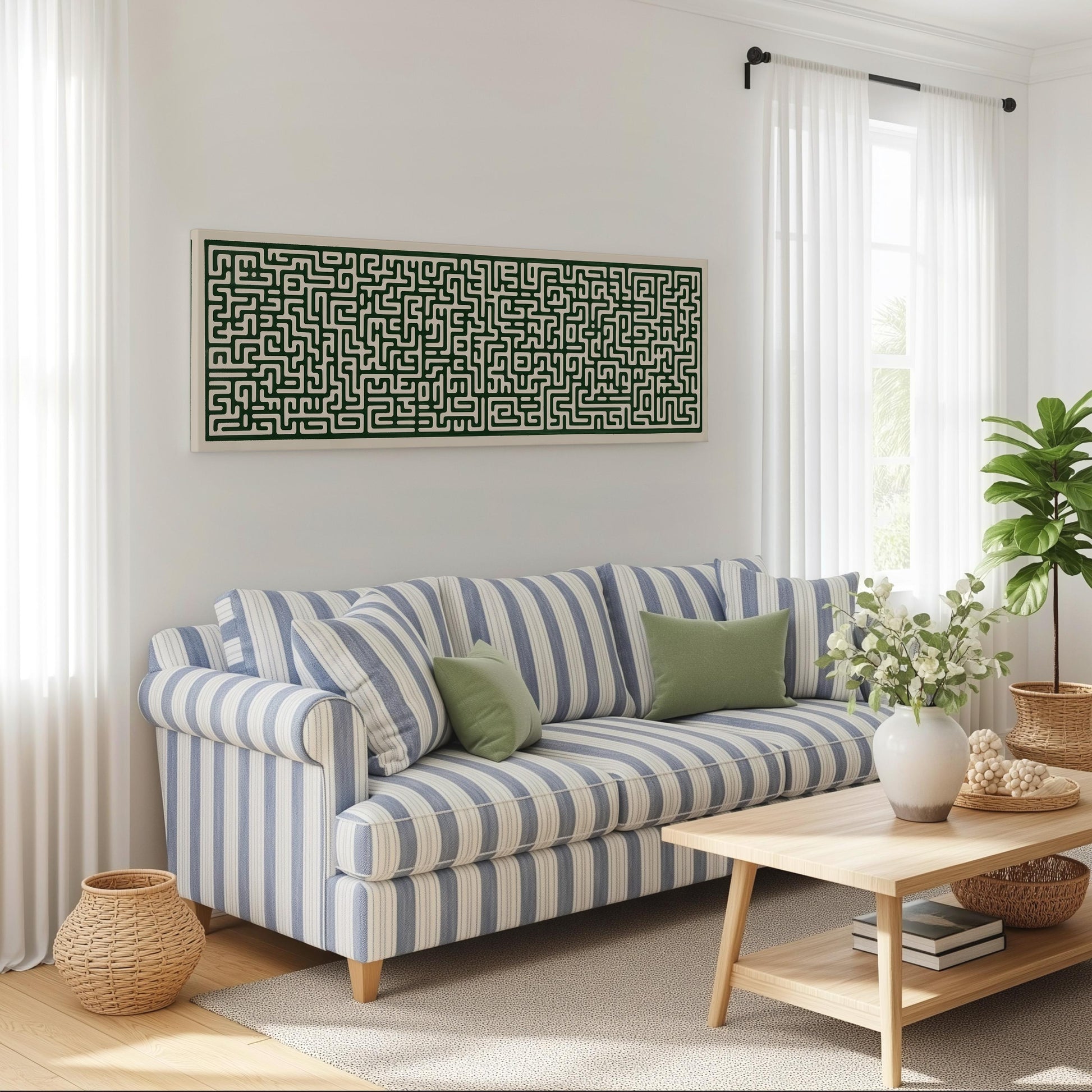 a cozy living room with a striped blue and white sofa, a wooden coffee table, and a large abstract painting on the wall.