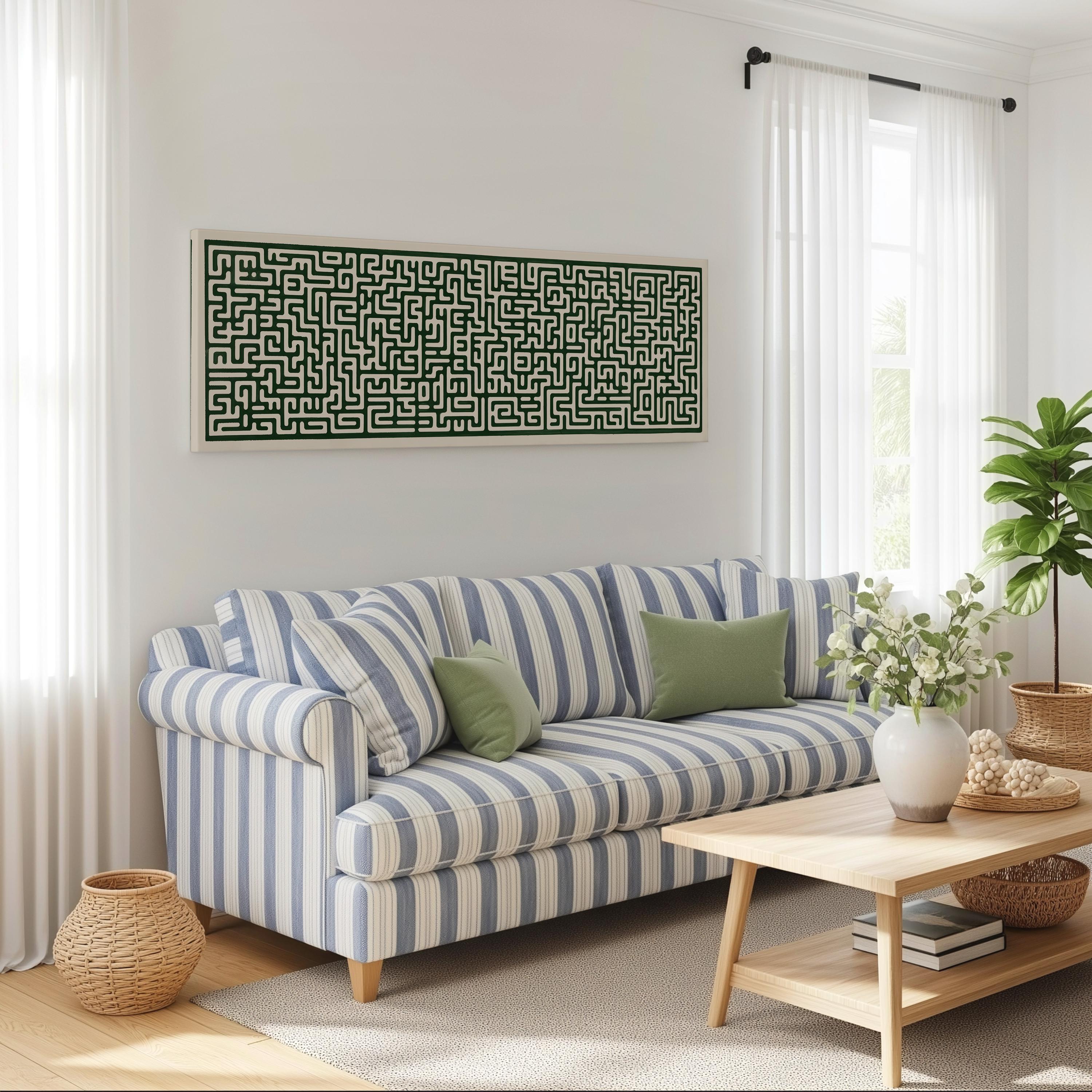a cozy living room with a striped blue and white sofa, a wooden coffee table, and a large abstract painting on the wall.