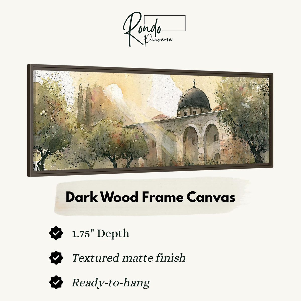 Domed mosque courtyard in watercolor canvas print in a dark wood floating frame