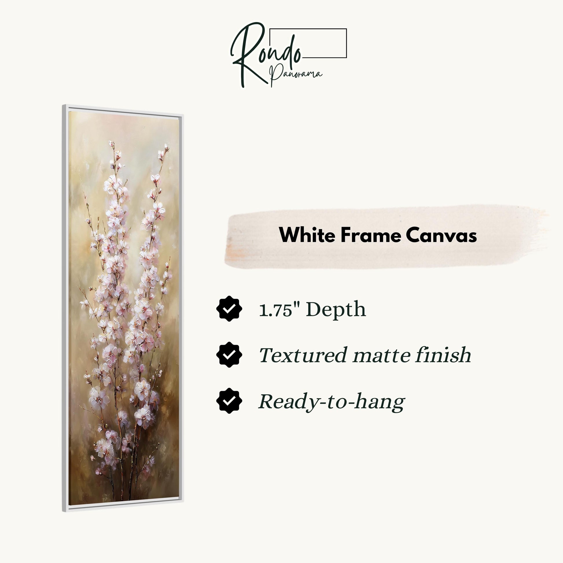 The image is a framed artwork depicting a close-up of delicate pink flowers.