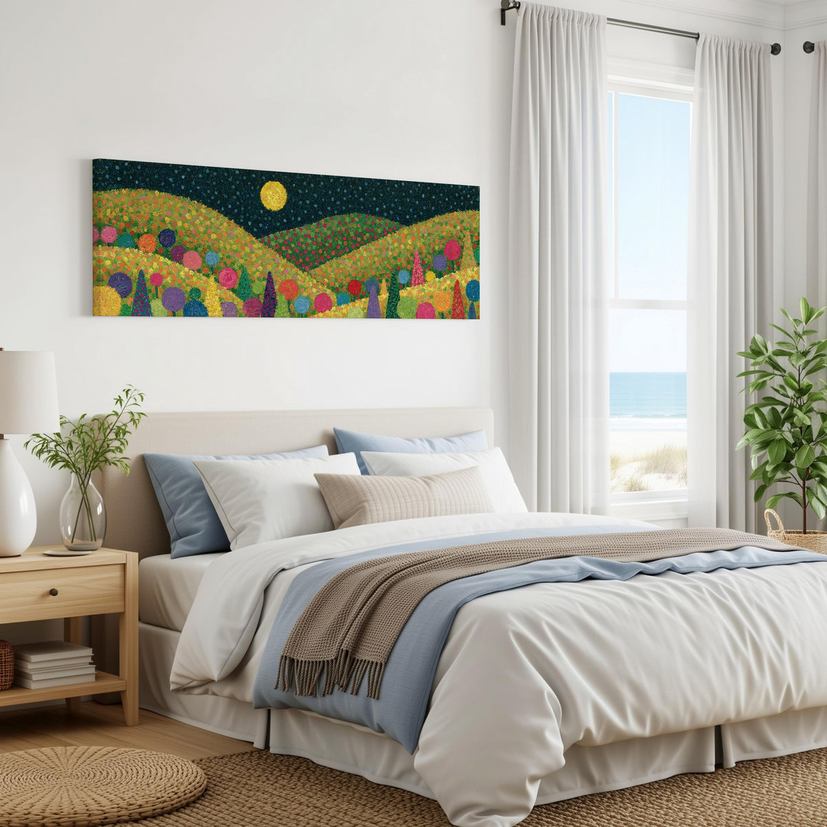 Moonlit pastel flower hills panoramic canvas print above a bed in a coastal bedroom