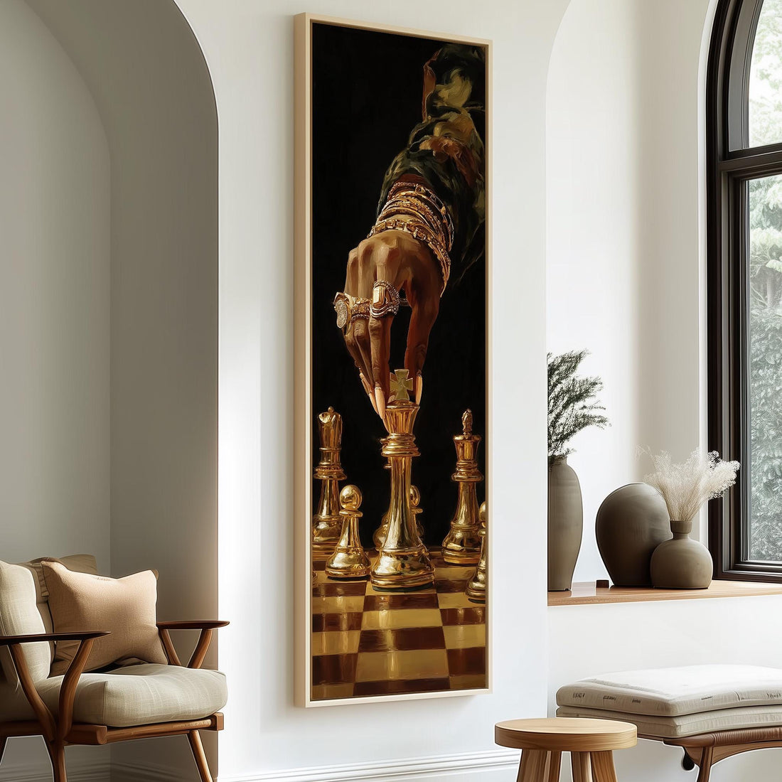 a large framed painting of a chessboard with a hand holding a chess piece, positioned above a black bench in a hallway.
