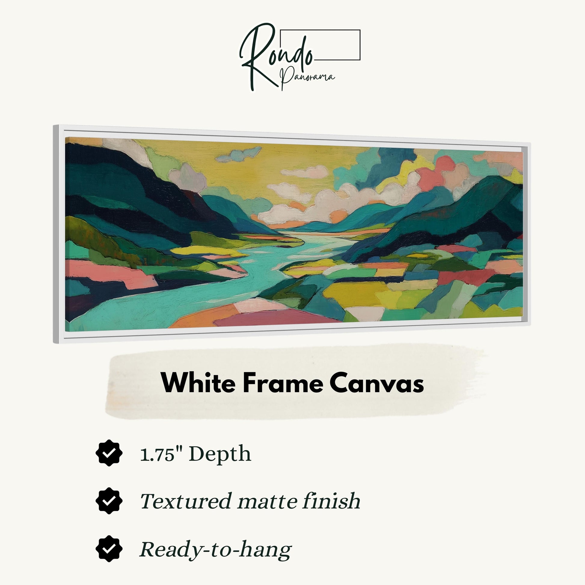 The image is a white frame canvas depicting a landscape with mountains, a river, and a colorful sky.