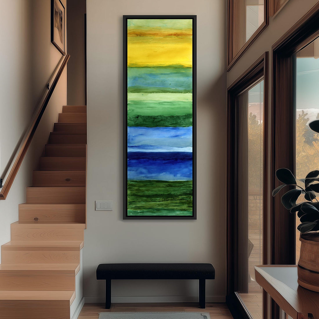 a vibrant, abstract painting hanging on a wall, depicting a colorful landscape with various shades of green, blue, and yellow.