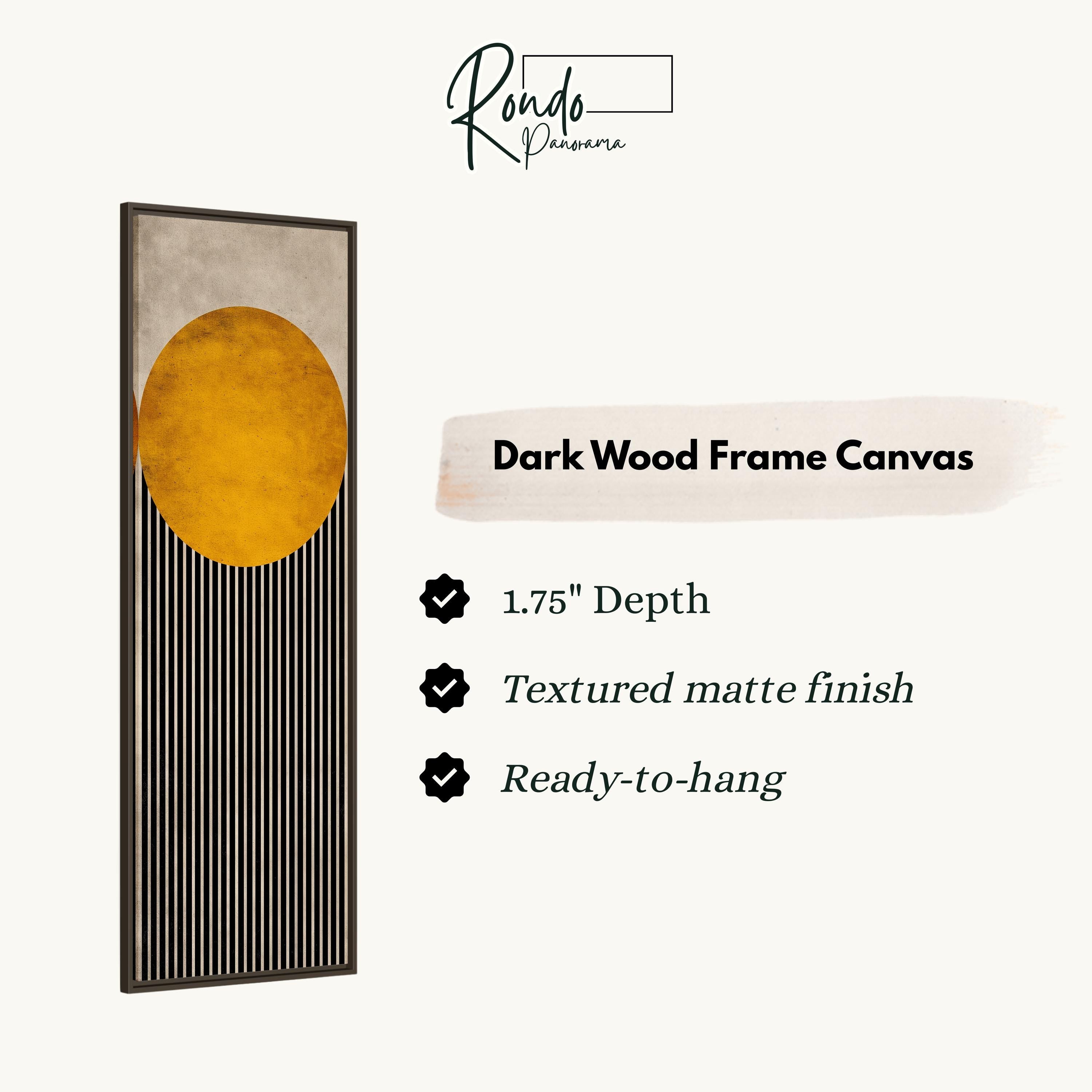 The image is a product description for a dark wood frame canvas. It features a large circular design with a yellow circle and black vertical lines, and provides details about the product, including its dimensions, finish, and hanging capabilities.