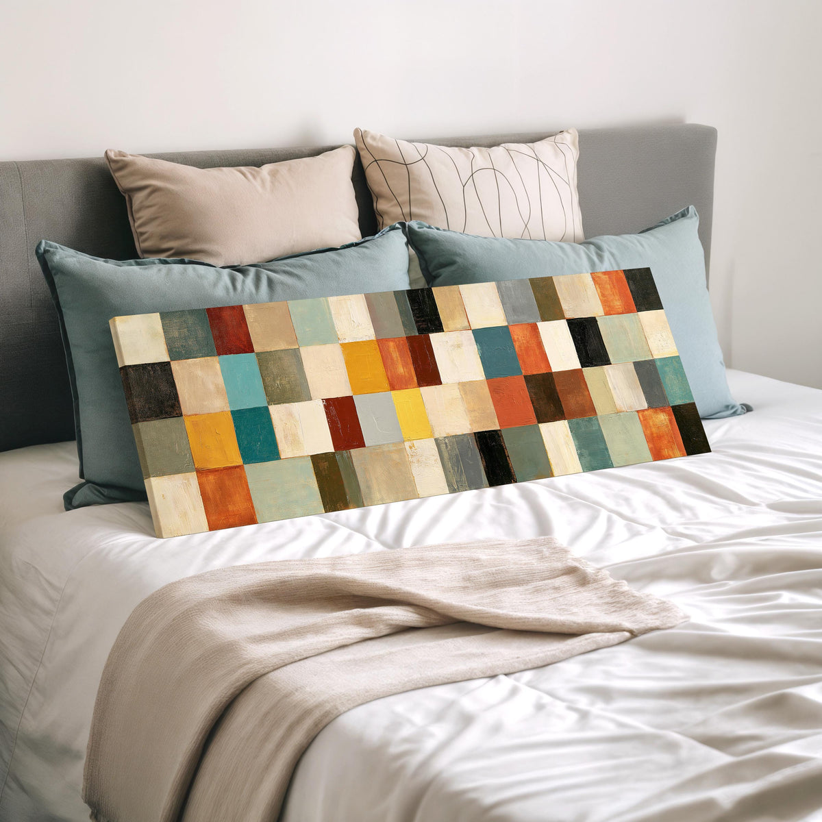 Colorful checkerboard mosaic grid wide panoramic canvas print laid on a bed to show its size