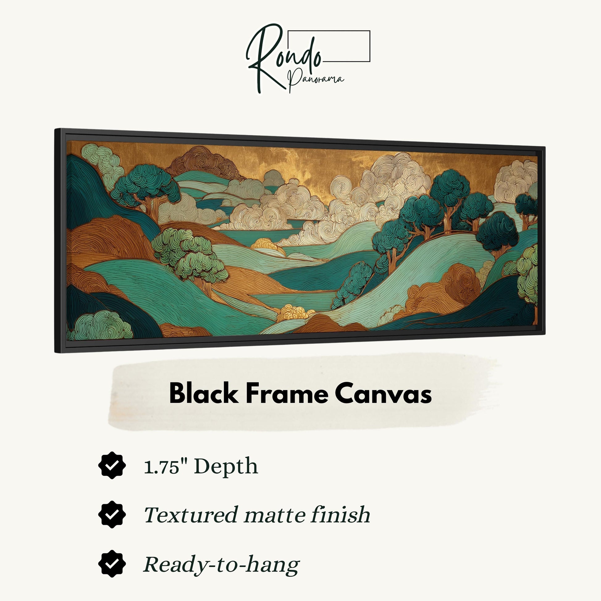 The image is a black frame canvas depicting a landscape with mountains, trees, and a body of water.