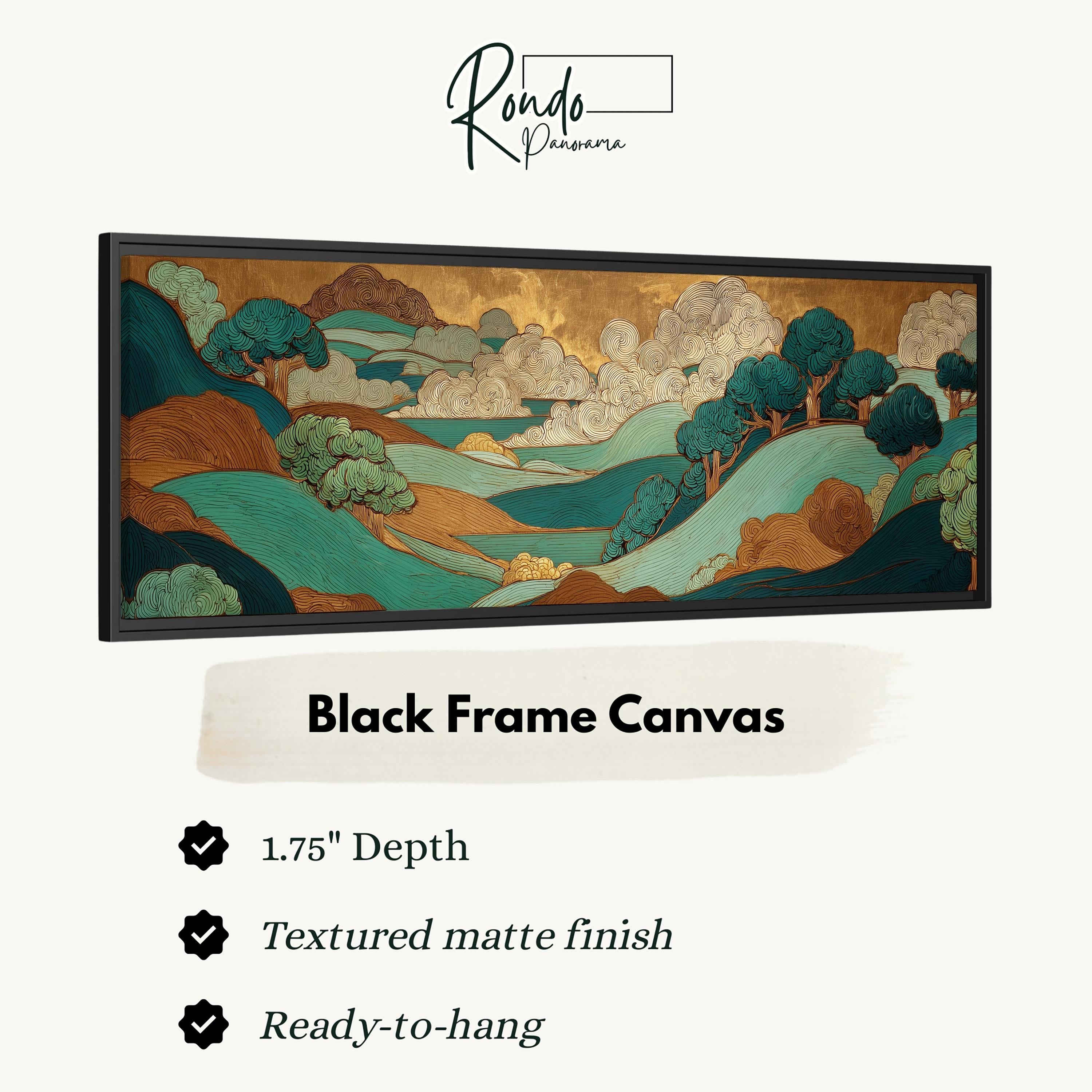 The image is a black frame canvas depicting a landscape with mountains, trees, and a body of water.