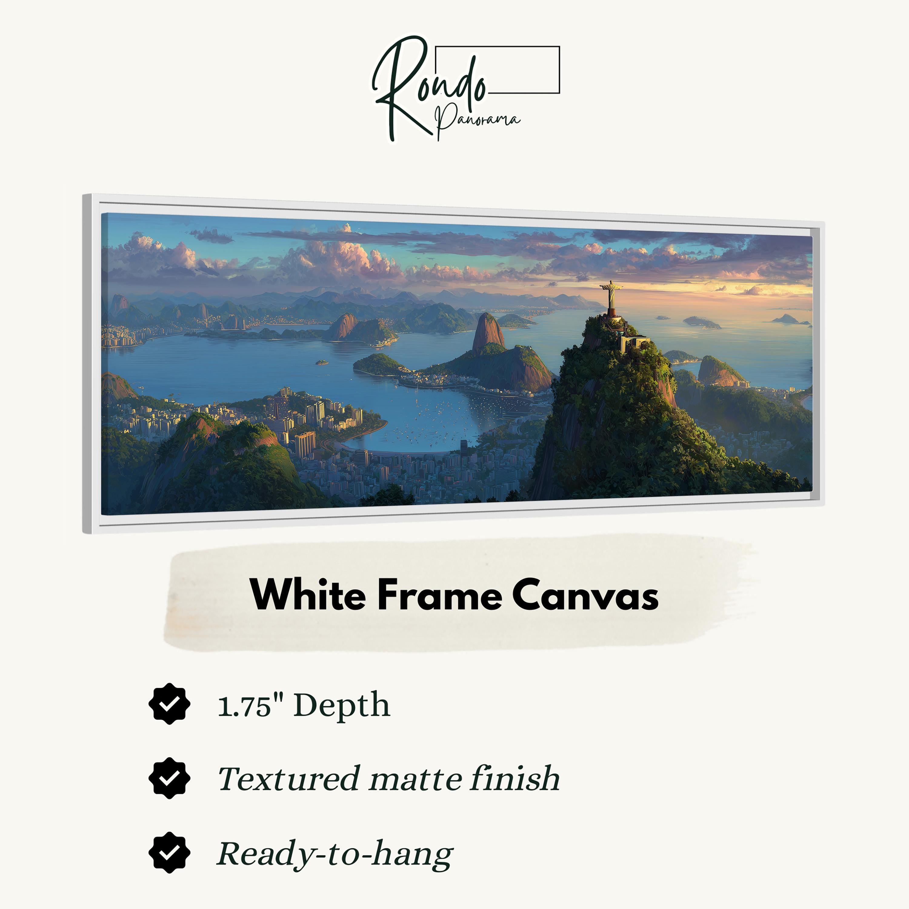 The image is a white frame canvas depicting a scenic landscape with mountains, a city, and a body of water.