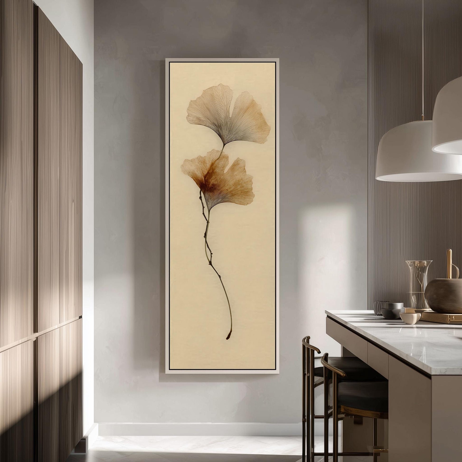 a modern kitchen with a large framed artwork of a ginkgo tree on the wall.