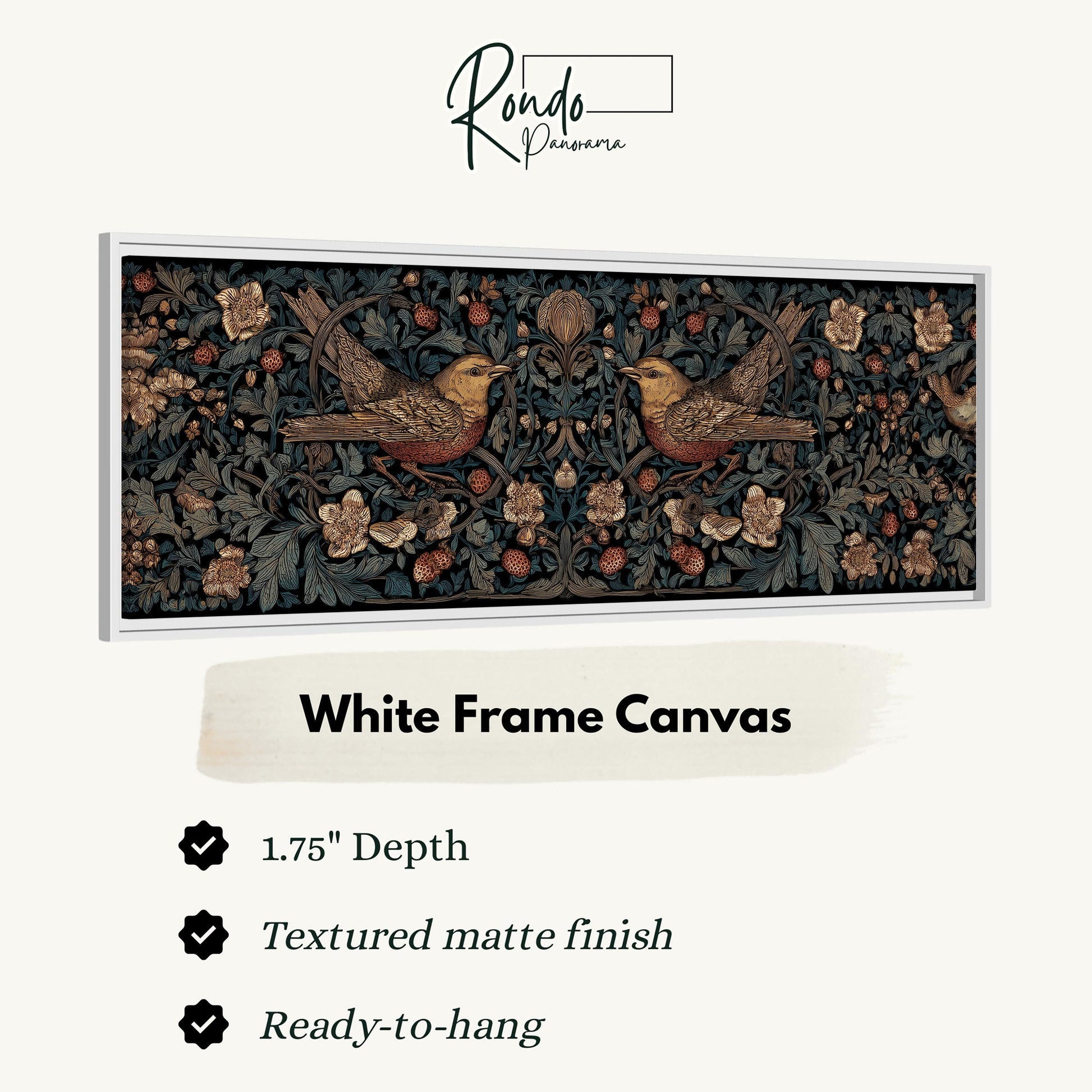 The image is a framed artwork featuring a detailed illustration of two birds in flight against a background of flowers and foliage. The artwork is described as a "White Frame Canvas" with a 1.75" depth, a textured matte finish, and a ready-to-hang state.