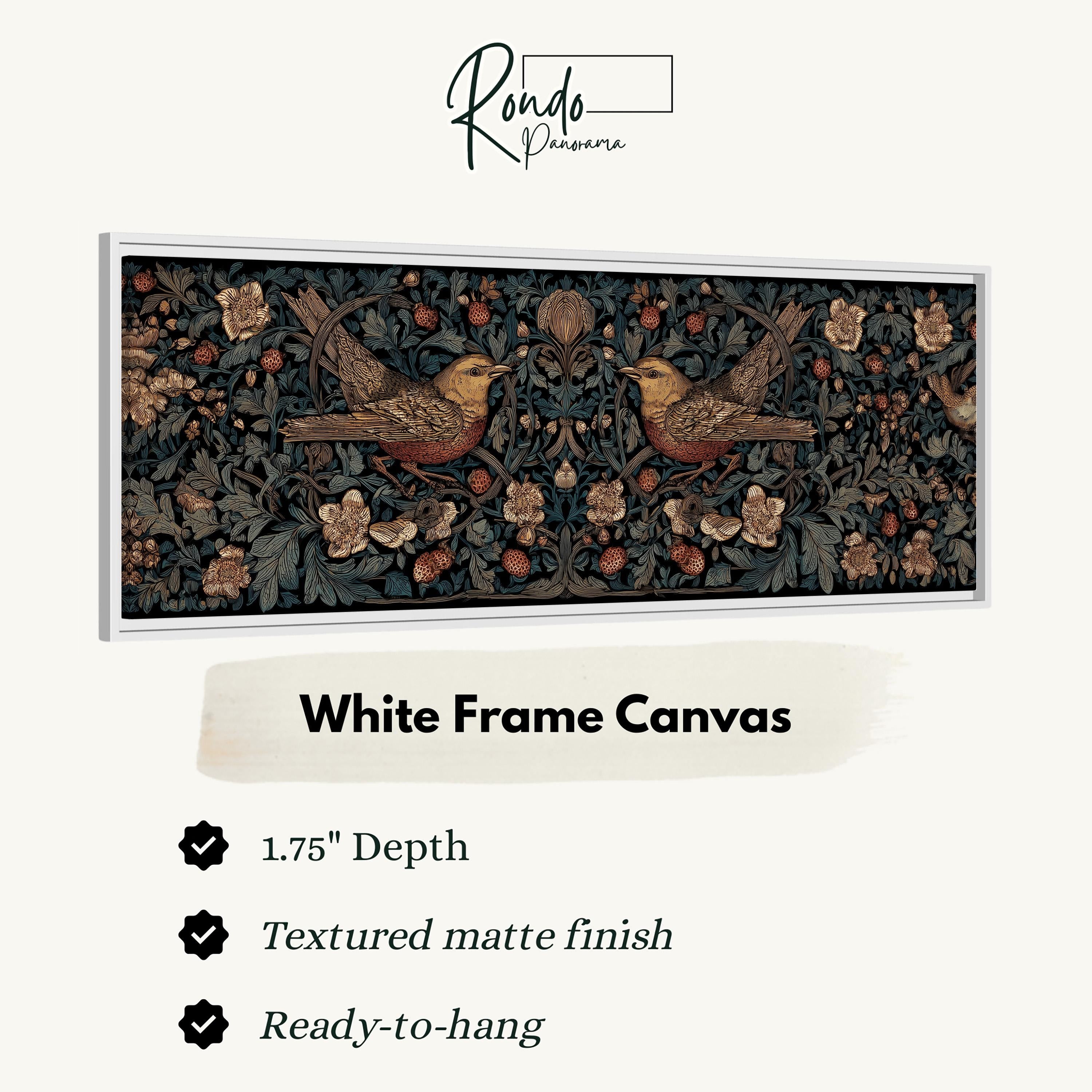 The image is a framed artwork featuring a detailed illustration of two birds in flight against a background of flowers and foliage. The artwork is described as a "White Frame Canvas" with a 1.75" depth, a textured matte finish, and a ready-to-hang state.