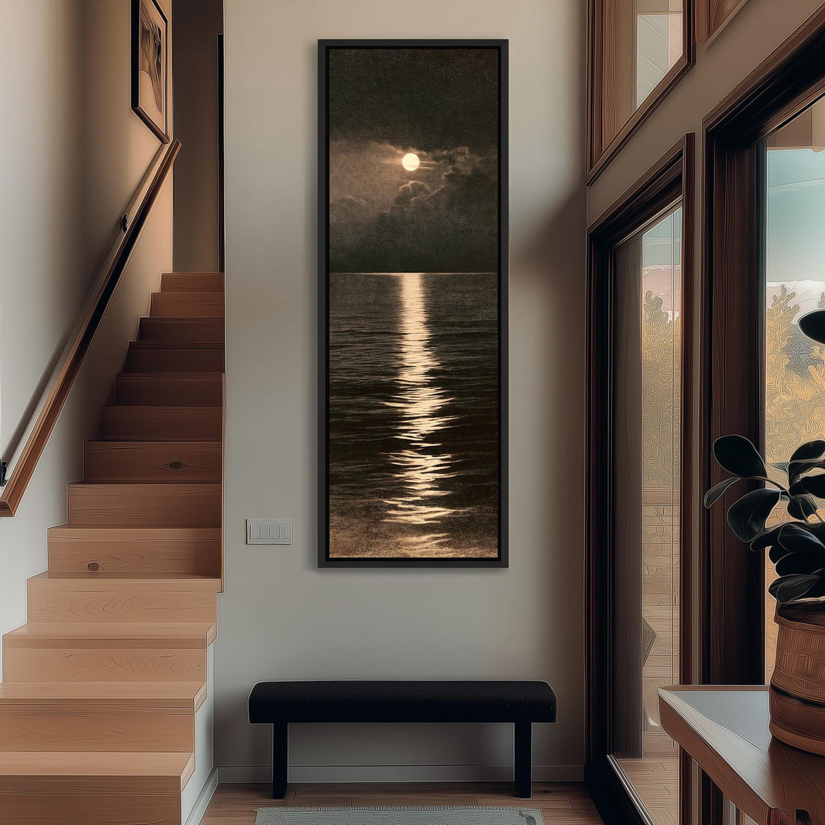 Moonlight reflecting on a dark sepia ocean tall narrow canvas print beside a staircase in an entryway