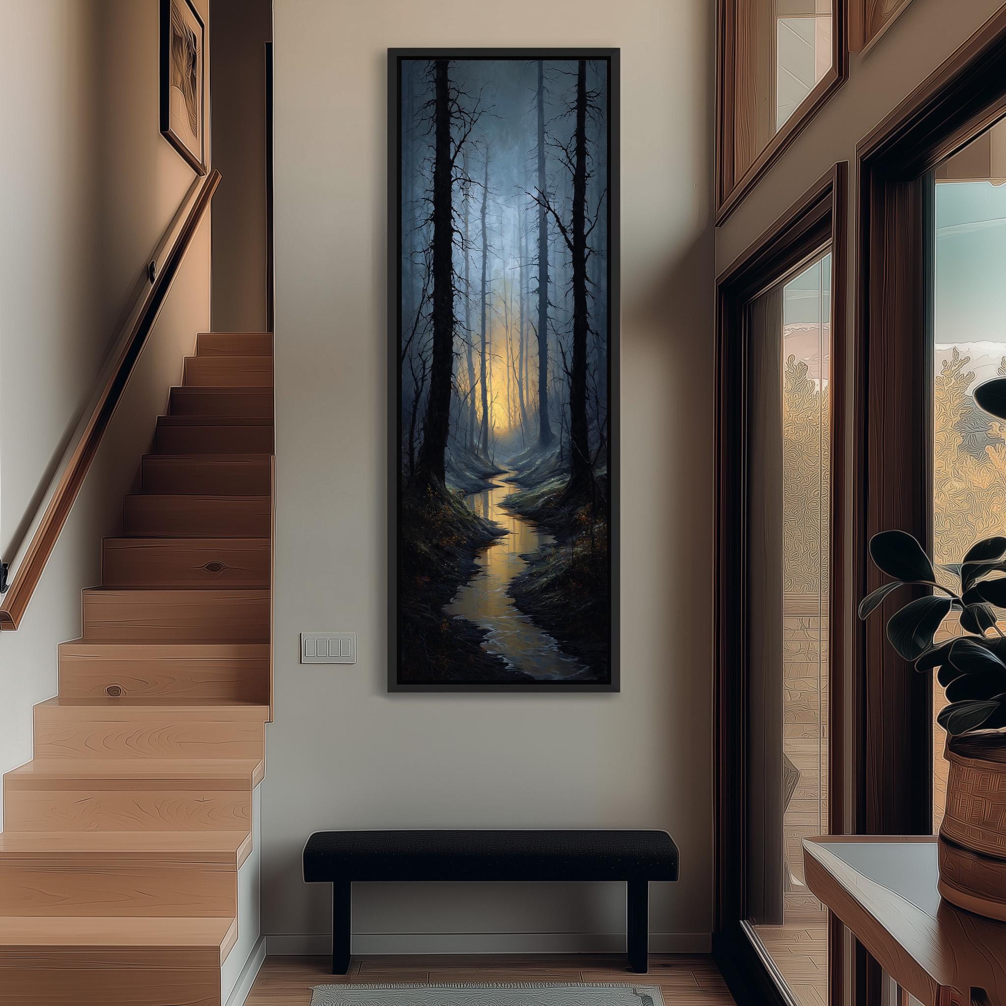 a serene indoor setting with a wooden staircase leading up to a large window, which offers a view of a forest. The window is framed by a painting of a forest scene, adding a touch of nature to the space. A bench is positioned in front of the window, inviting visitors to sit and enjoy the view. The overall atmosphere of the room is calm and peaceful, with the natural elements of the forest painting and the wooden staircase creating a harmonious and visually appealing space.