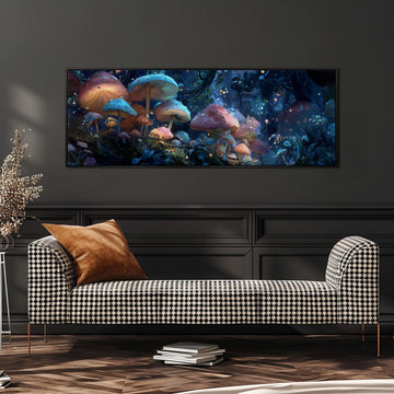 a large, colorful painting of mushrooms hanging on a wall above a black and white checkered sofa in a living room setting.
