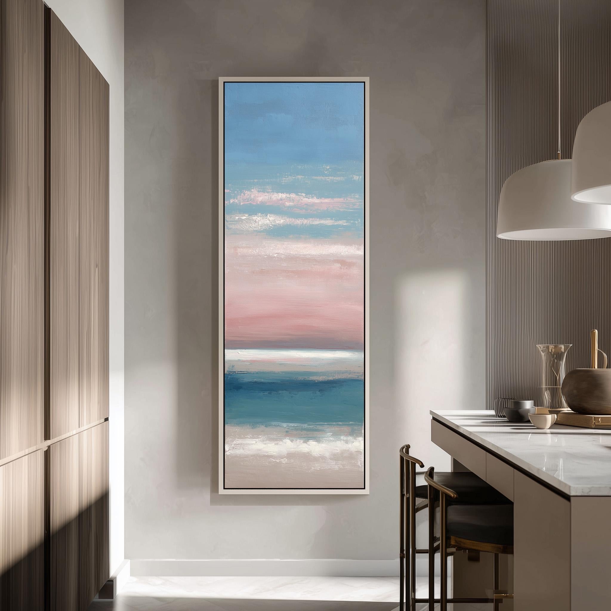 a large, framed painting of a serene beach scene hanging on a wall in a modern, minimalist kitchen.