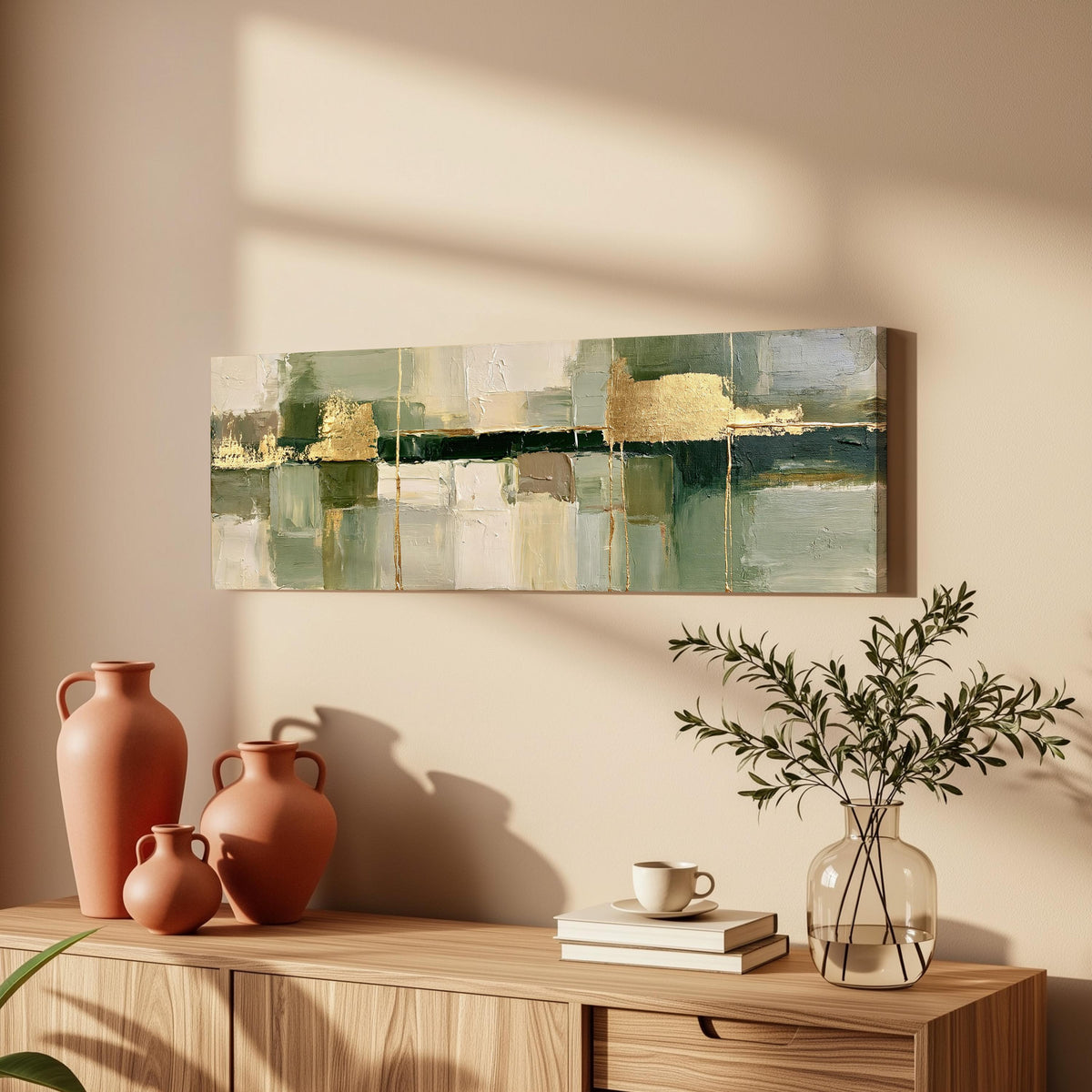 Sage and gold leaf abstract long horizontal canvas print above a wooden sideboard