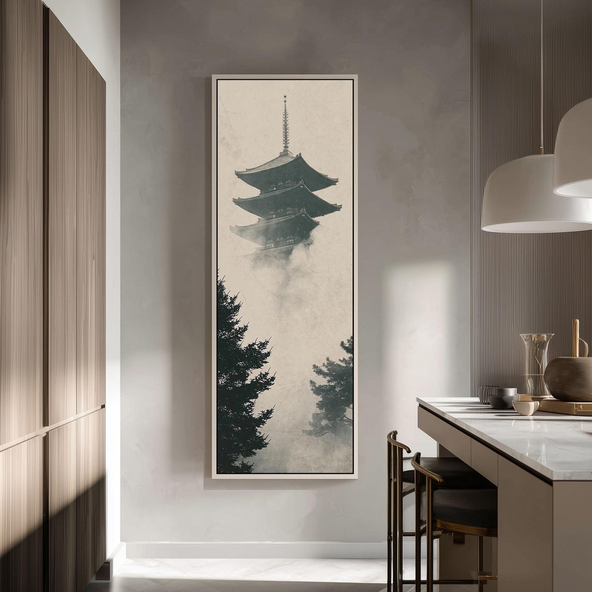 Pagoda rising through fog and pines tall skinny canvas print in a modern kitchen