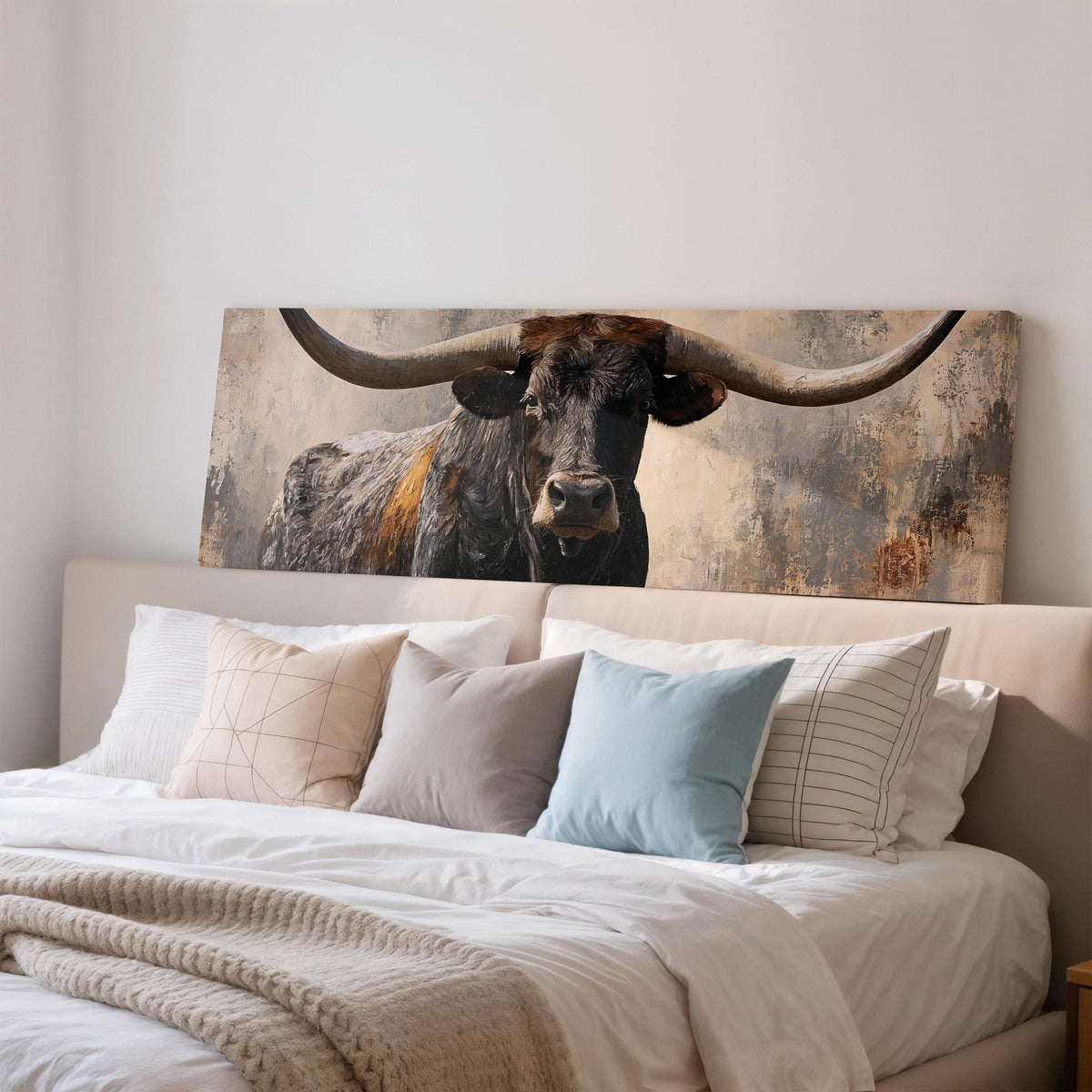 Longhorn bull portrait wide panoramic canvas print above a bed in a bedroom