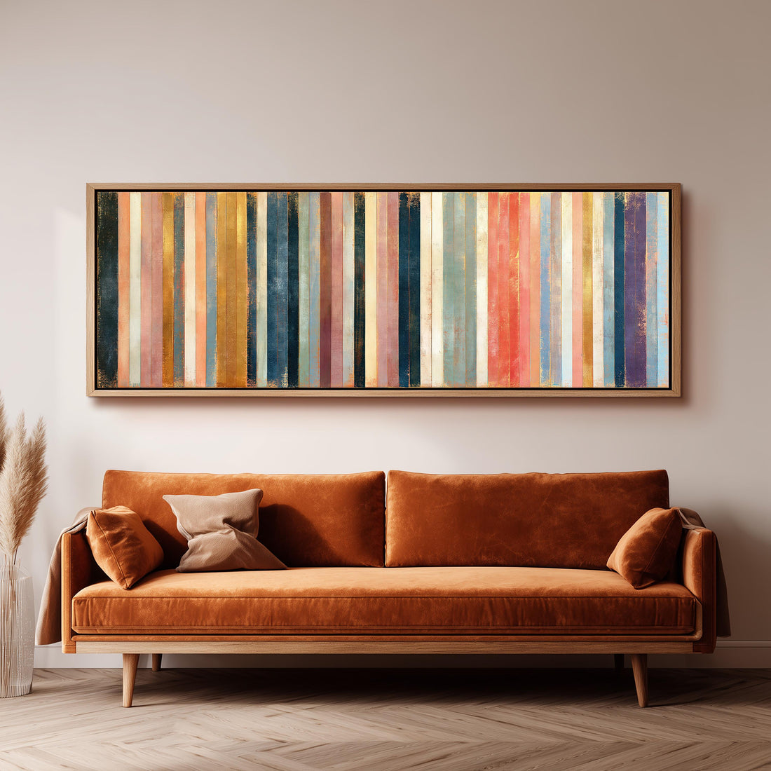 Blush, navy and gold gilded stripes long horizontal canvas print above a sofa in a living room