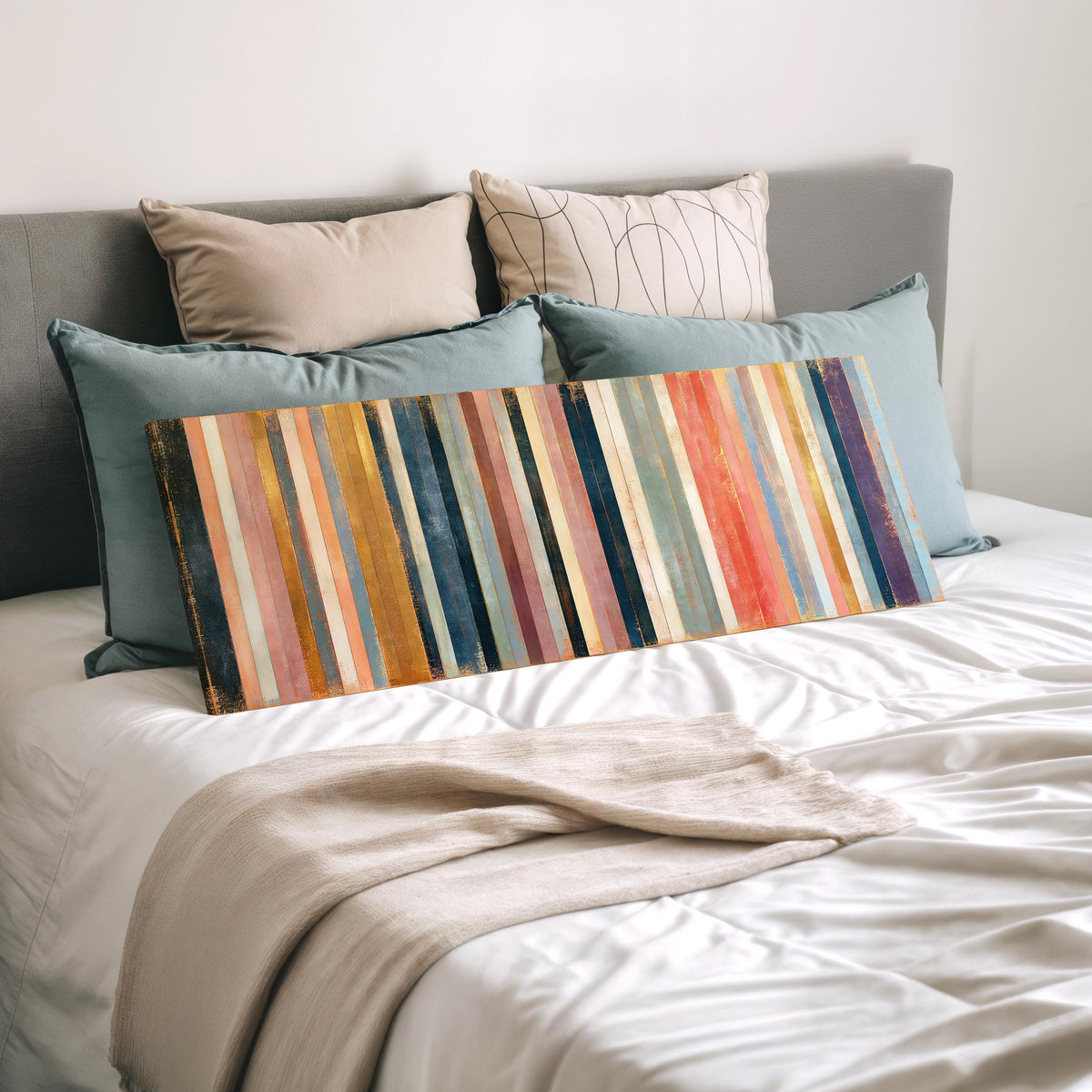 Blush, navy and gold gilded stripes wide panoramic canvas print laid on a bed to show its size